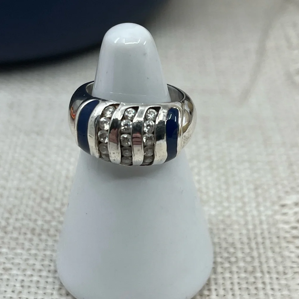 Vintage Sterling Silver Wide Band Ring with Enamel & CZ Accents Size 4.75